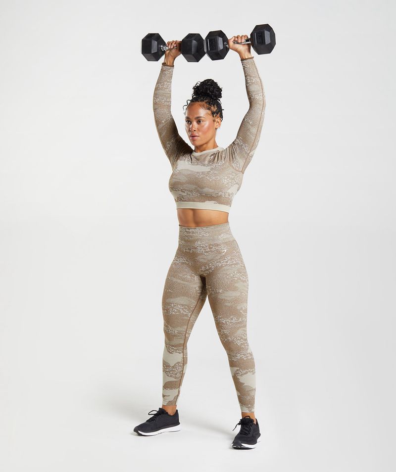 Women's Gymshark Adapt Camo Seamless Lace Up Back Tops Grey Brown | USA  0753-DYMRP