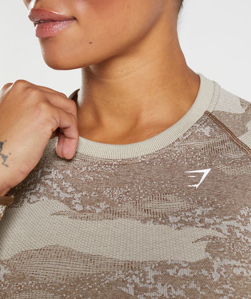 Women's Gymshark Adapt Camo Seamless Lace Up Back Tops Grey Brown | USA  0753-DYMRP