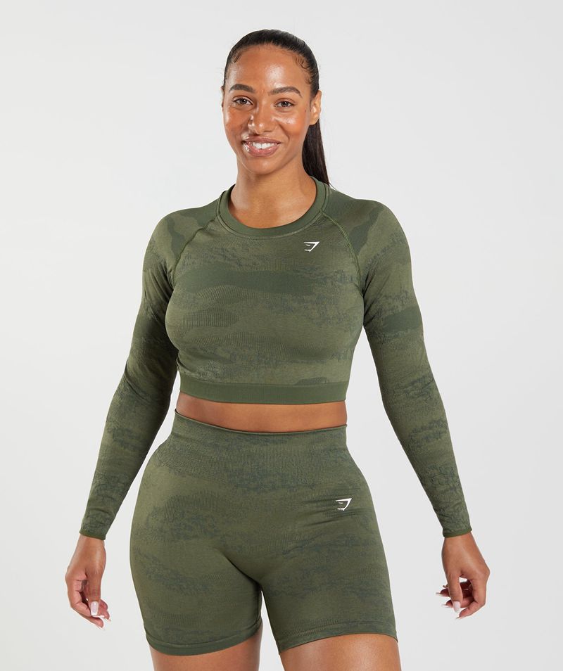 Women's Gymshark Adapt Camo Seamless Lace Up Back Tops Olive | USA  6497-WMQHD