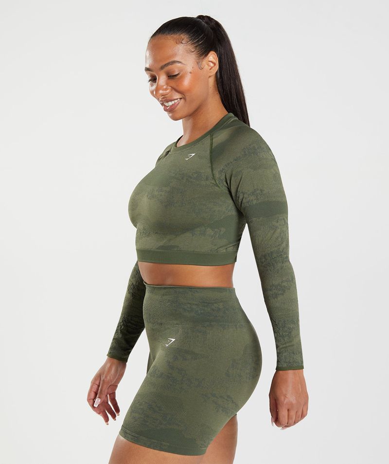 Women's Gymshark Adapt Camo Seamless Lace Up Back Tops Olive | USA  6497-WMQHD