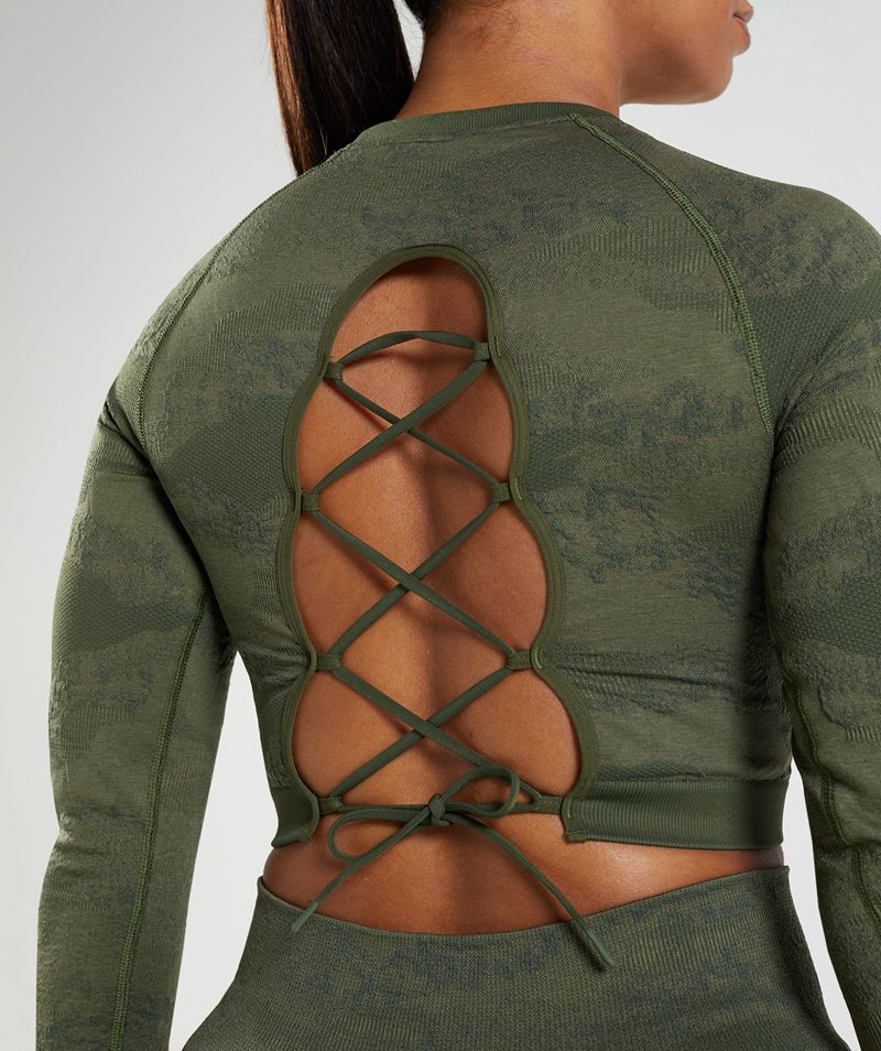 Women's Gymshark Adapt Camo Seamless Lace Up Back Tops Olive | USA  6497-WMQHD