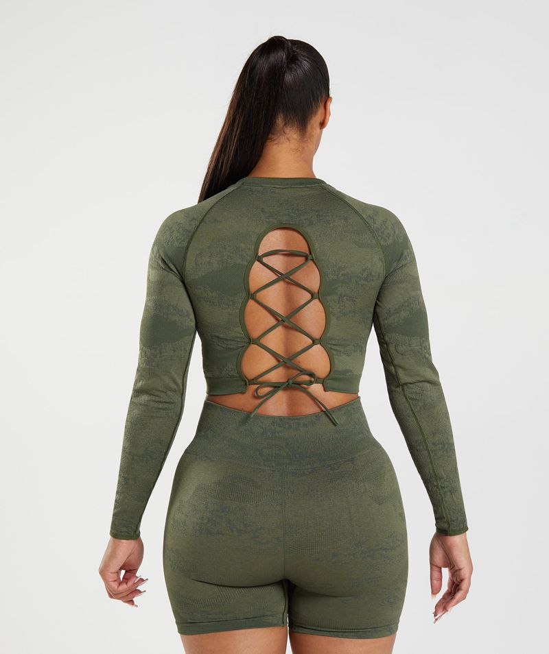 Women\'s Gymshark Adapt Camo Seamless Lace Up Back Tops Olive | USA  6497-WMQHD