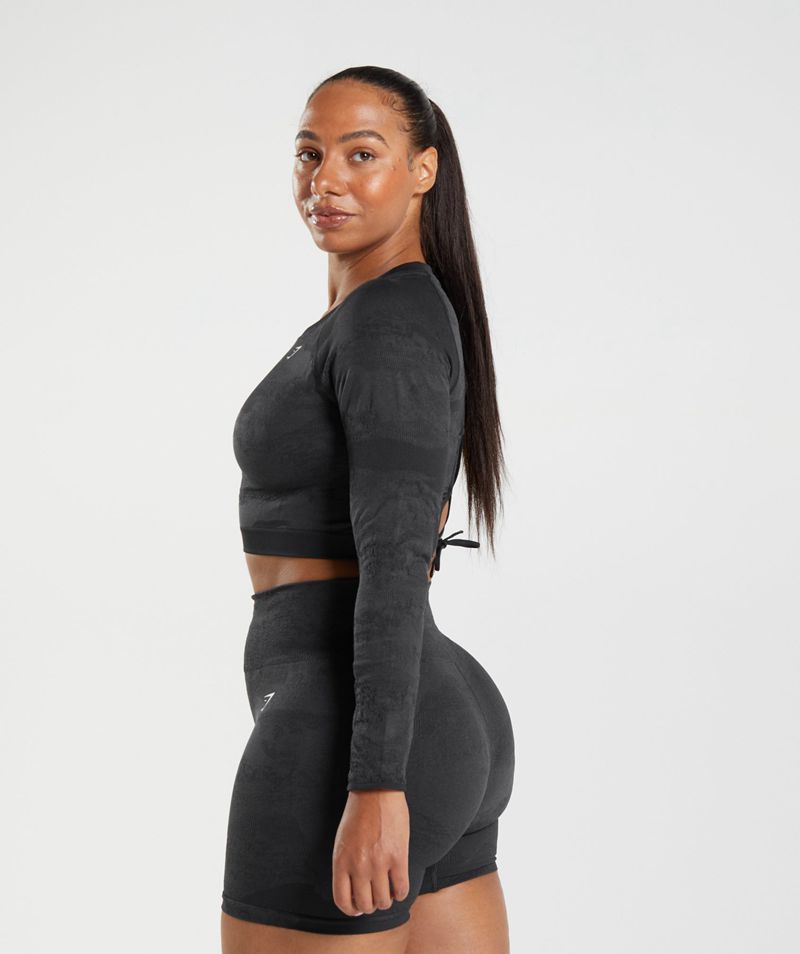 Women's Gymshark Adapt Camo Seamless Lace Up Back Tops Black | USA  8410-EHLTN