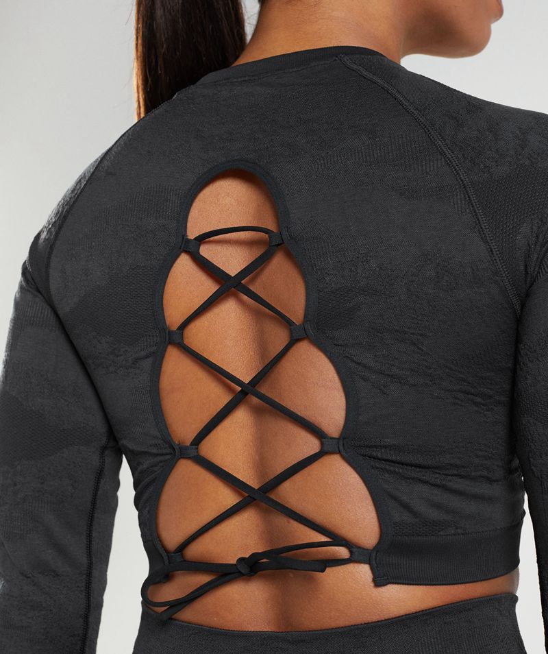 Women's Gymshark Adapt Camo Seamless Lace Up Back Tops Black | USA  8410-EHLTN