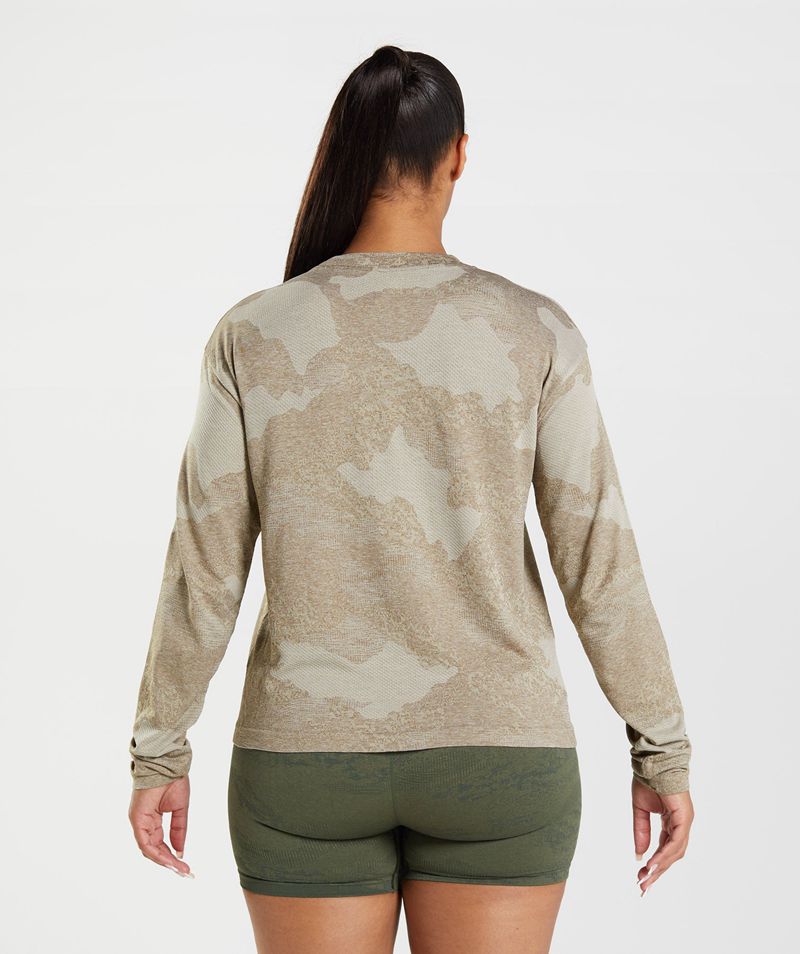 Women's Gymshark Adapt Camo Seamless Long Sleeve Tops Grey Brown | USA  0692-TILCP