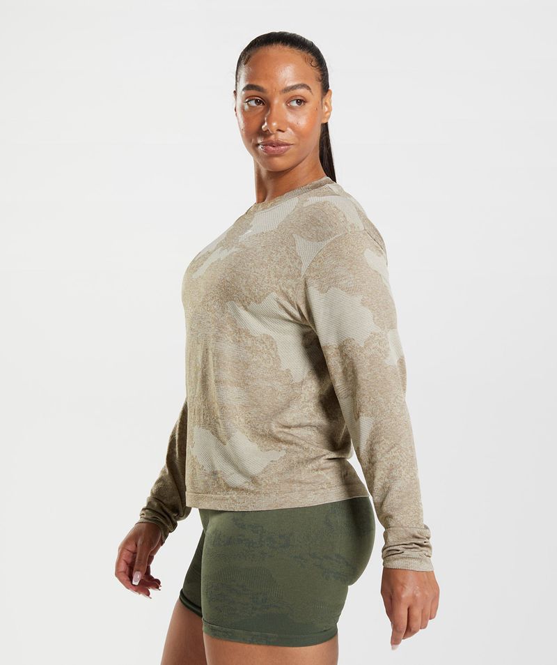 Women's Gymshark Adapt Camo Seamless Long Sleeve Tops Grey Brown | USA  0692-TILCP