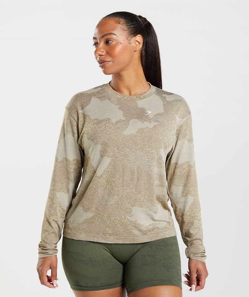 Women\'s Gymshark Adapt Camo Seamless Long Sleeve Tops Grey Brown | USA  0692-TILCP