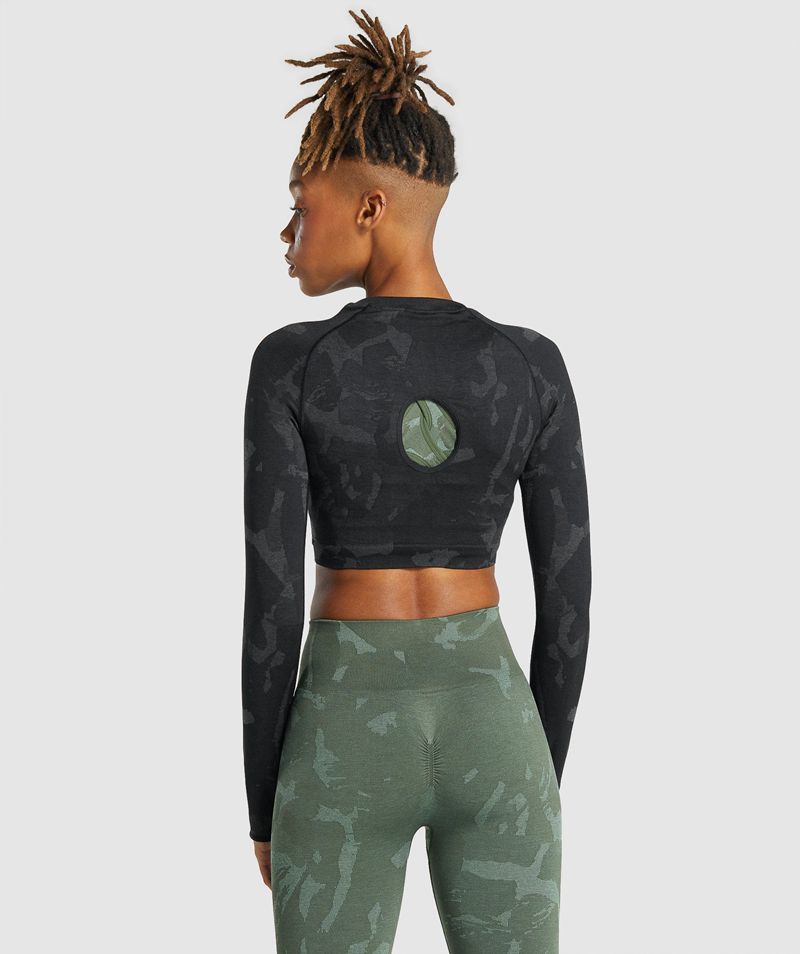 Women's Gymshark Adapt Camo Seamless Long Sleeve Crop Tops Black | USA  5812-KVYLO