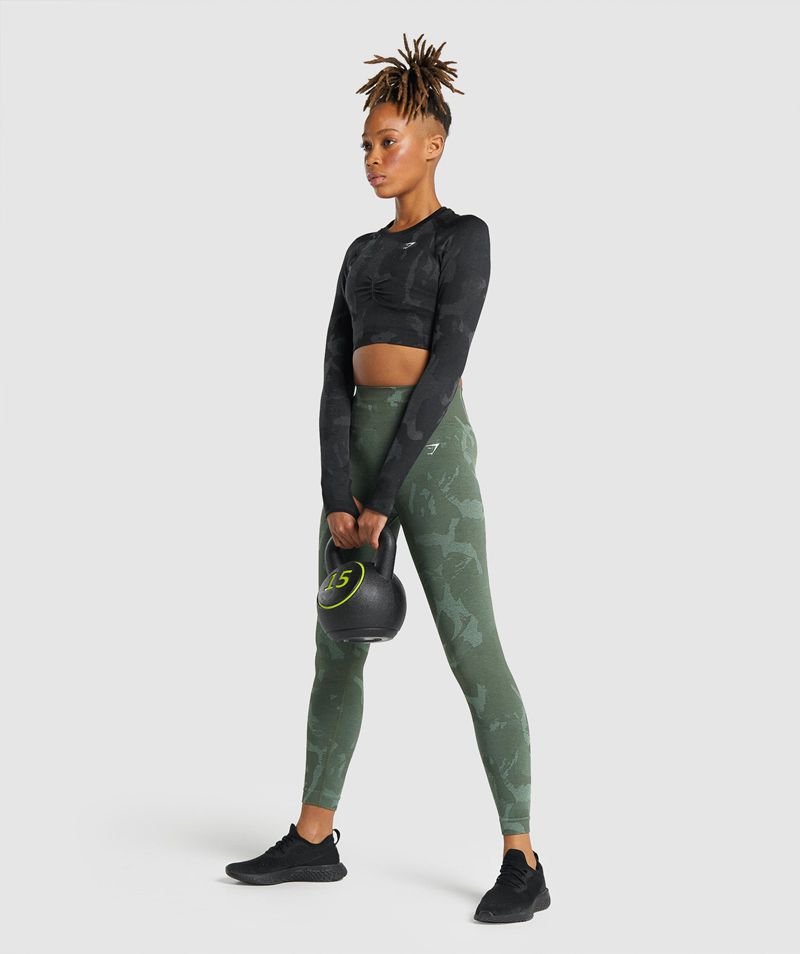 Women's Gymshark Adapt Camo Seamless Long Sleeve Crop Tops Black | USA  5812-KVYLO