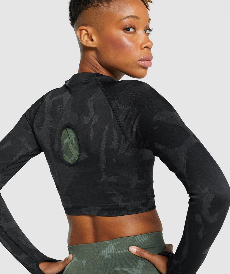 Women's Gymshark Adapt Camo Seamless Long Sleeve Crop Tops Black | USA  5812-KVYLO