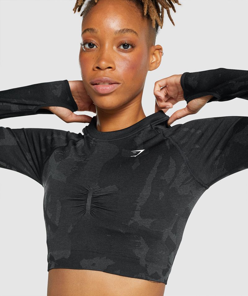 Women's Gymshark Adapt Camo Seamless Long Sleeve Crop Tops Black | USA  5812-KVYLO