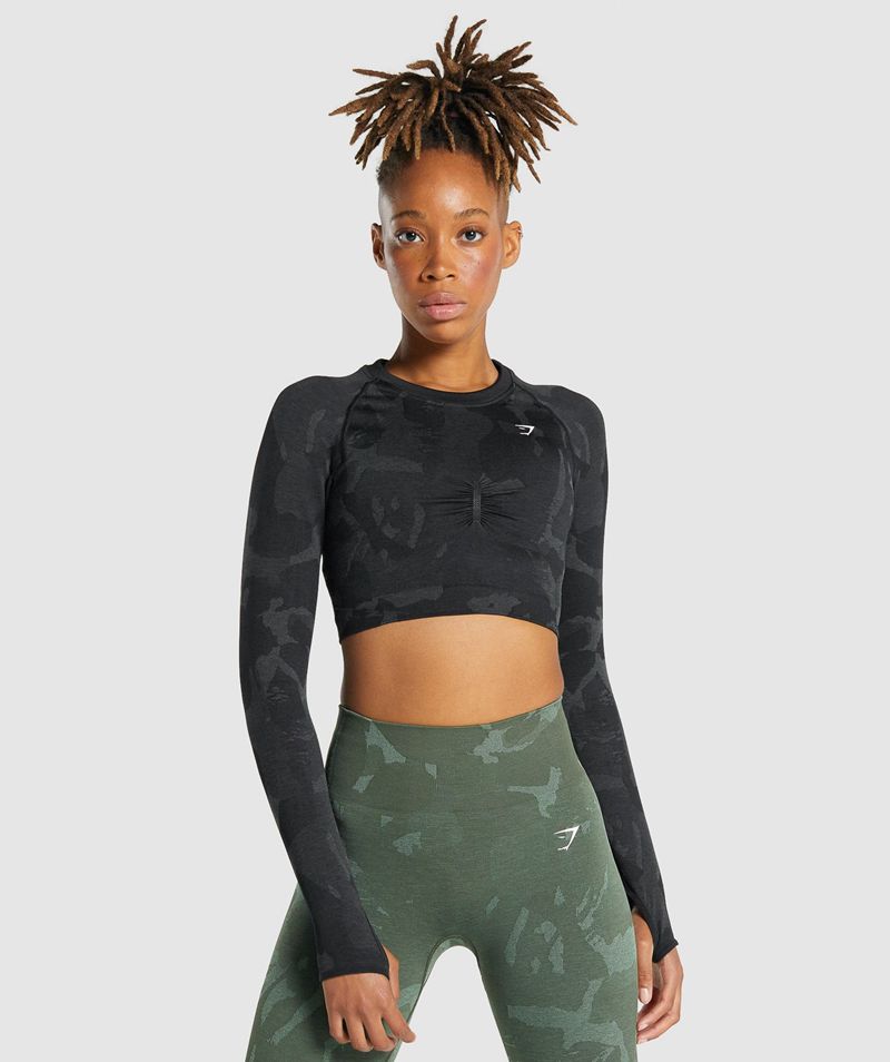 Women\'s Gymshark Adapt Camo Seamless Long Sleeve Crop Tops Black | USA  5812-KVYLO