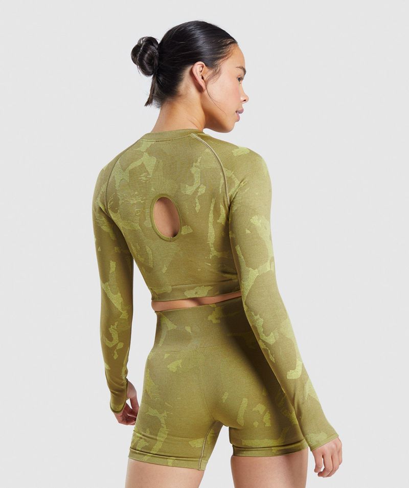 Women's Gymshark Adapt Camo Seamless Long Sleeve Crop Tops Green | USA  8194-EOZMH