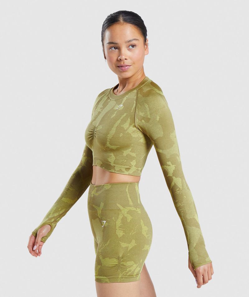 Women's Gymshark Adapt Camo Seamless Long Sleeve Crop Tops Green | USA  8194-EOZMH