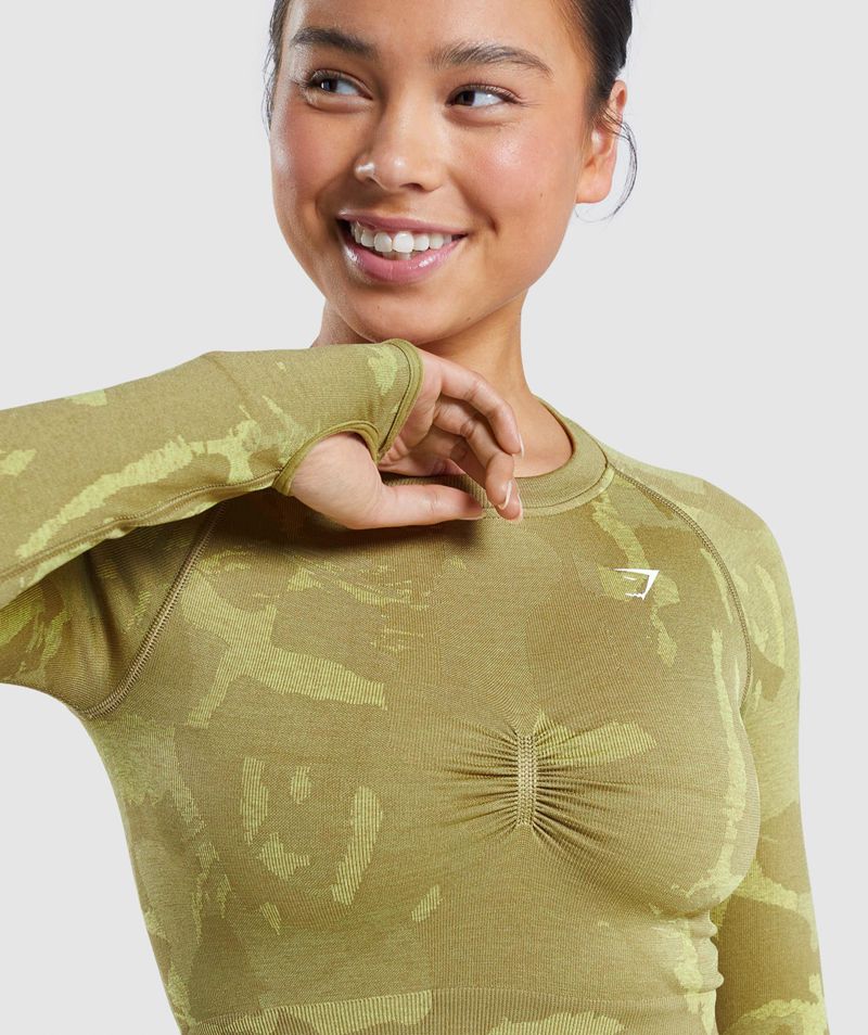 Women's Gymshark Adapt Camo Seamless Long Sleeve Crop Tops Green | USA  8194-EOZMH