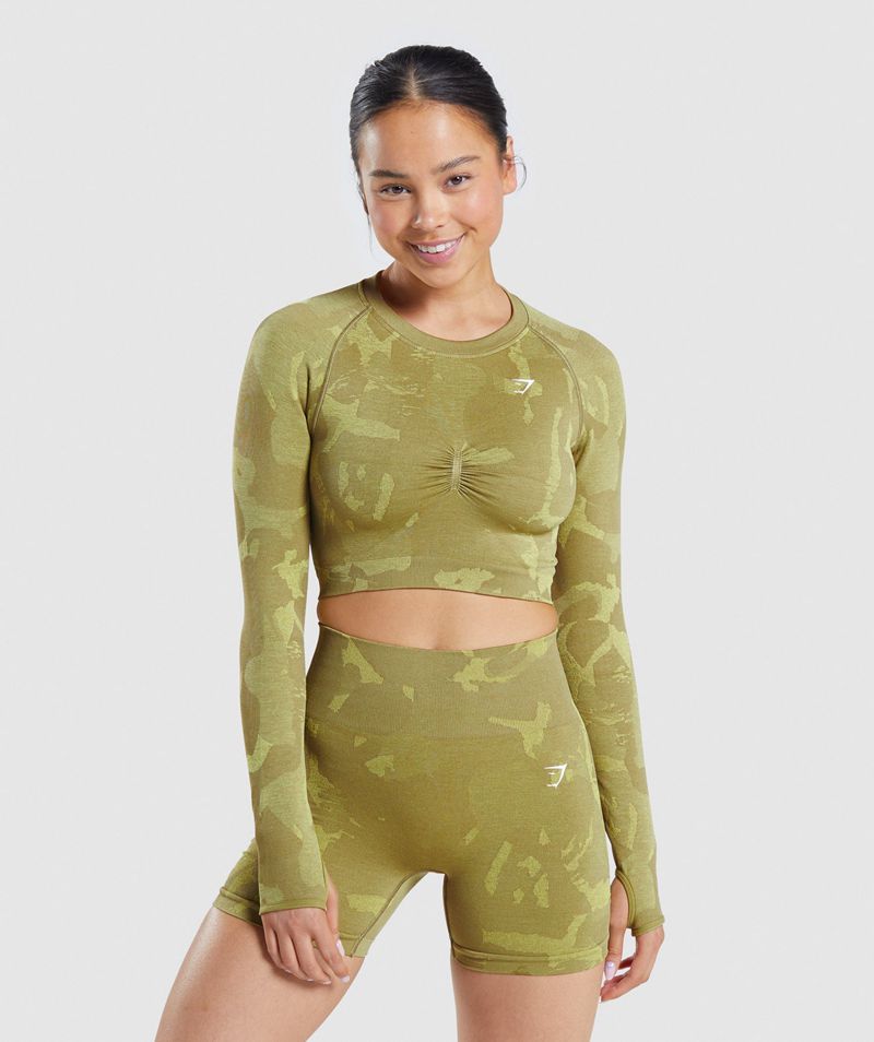 Women\'s Gymshark Adapt Camo Seamless Long Sleeve Crop Tops Green | USA  8194-EOZMH