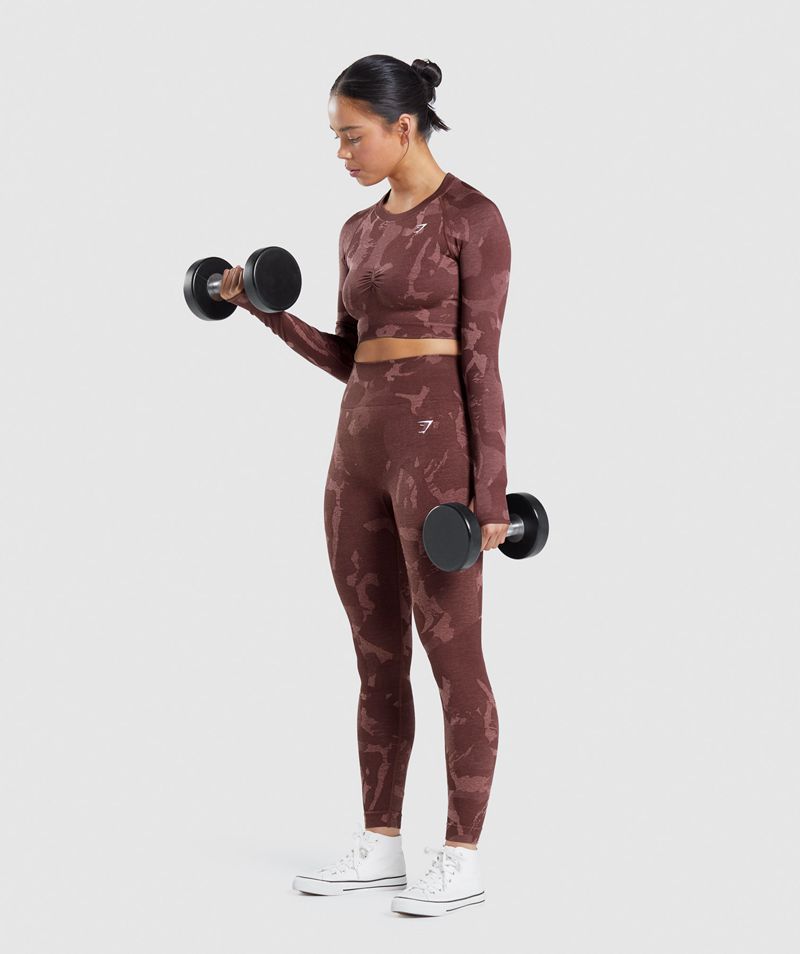 Women's Gymshark Adapt Camo Seamless Long Sleeve Crop Tops Brown | USA  8532-UQDKH