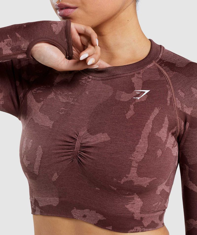 Women's Gymshark Adapt Camo Seamless Long Sleeve Crop Tops Brown | USA  8532-UQDKH