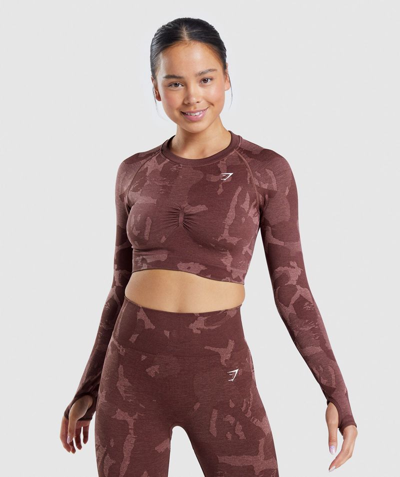 Women\'s Gymshark Adapt Camo Seamless Long Sleeve Crop Tops Brown | USA  8532-UQDKH