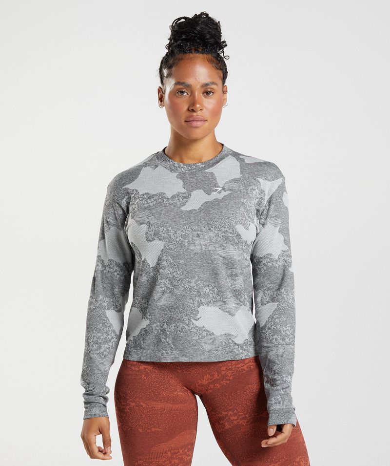 Women\'s Gymshark Adapt Camo Seamless Long Sleeve Tops Light Grey | USA  9615-KVCTG