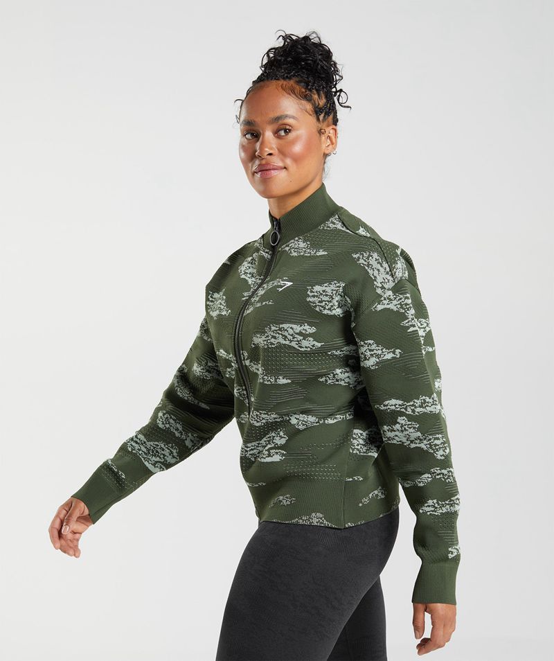 Women's Gymshark Adapt Camo Seamless Track Jackets Olive | USA  2089-QMPOE