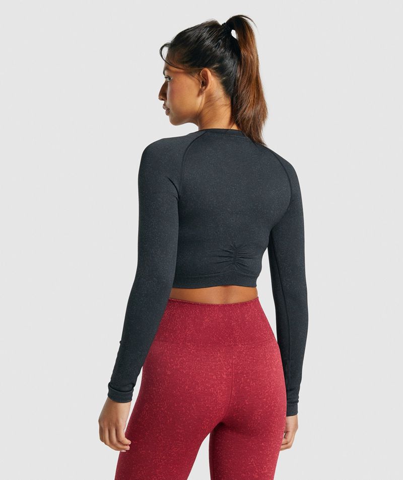 Women's Gymshark Adapt Fleck Seamless Long Sleeve Crop Tops Black | USA  6931-KNGDF