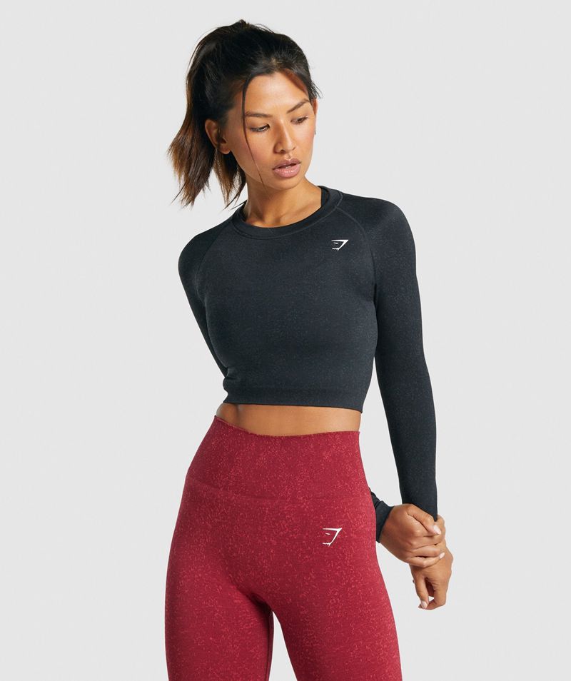 Women\'s Gymshark Adapt Fleck Seamless Long Sleeve Crop Tops Black | USA  6931-KNGDF