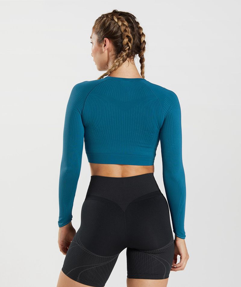 Women's Gymshark Apex Seamless Crop Tops Blue | USA  6594-KTCMZ