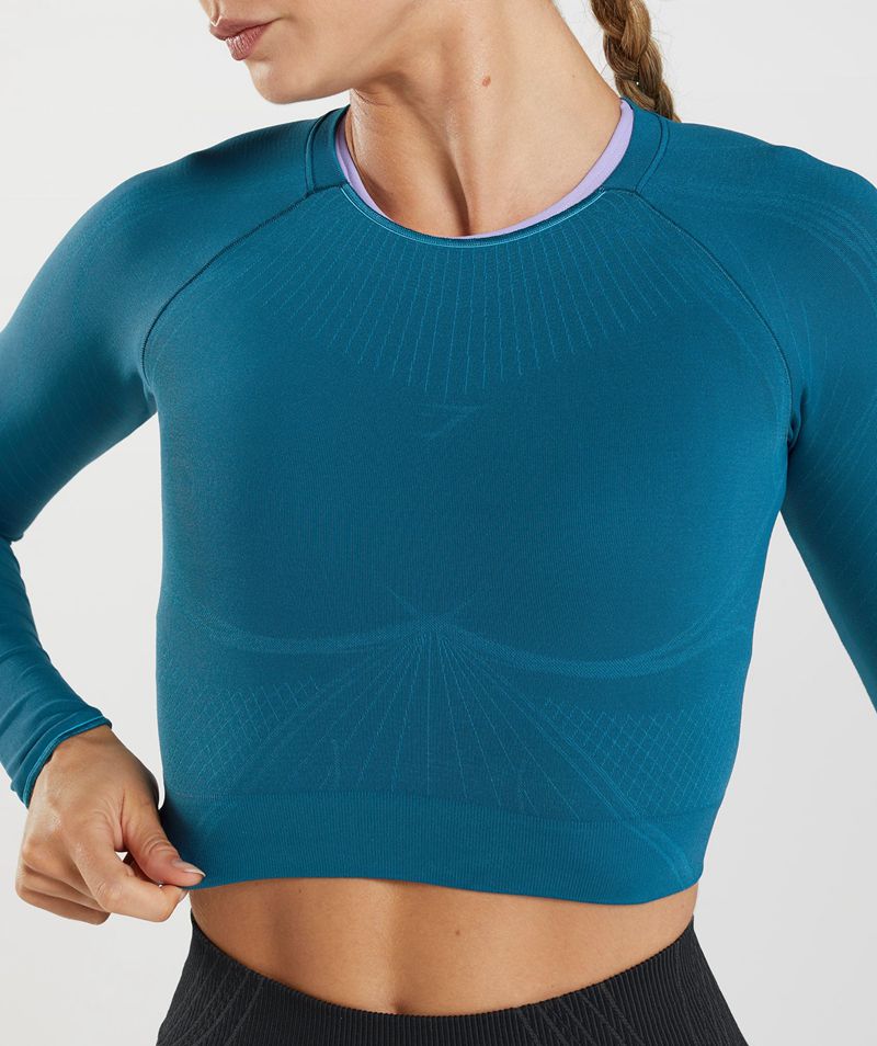 Women's Gymshark Apex Seamless Crop Tops Blue | USA  6594-KTCMZ