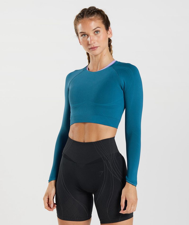 Women\'s Gymshark Apex Seamless Crop Tops Blue | USA  6594-KTCMZ