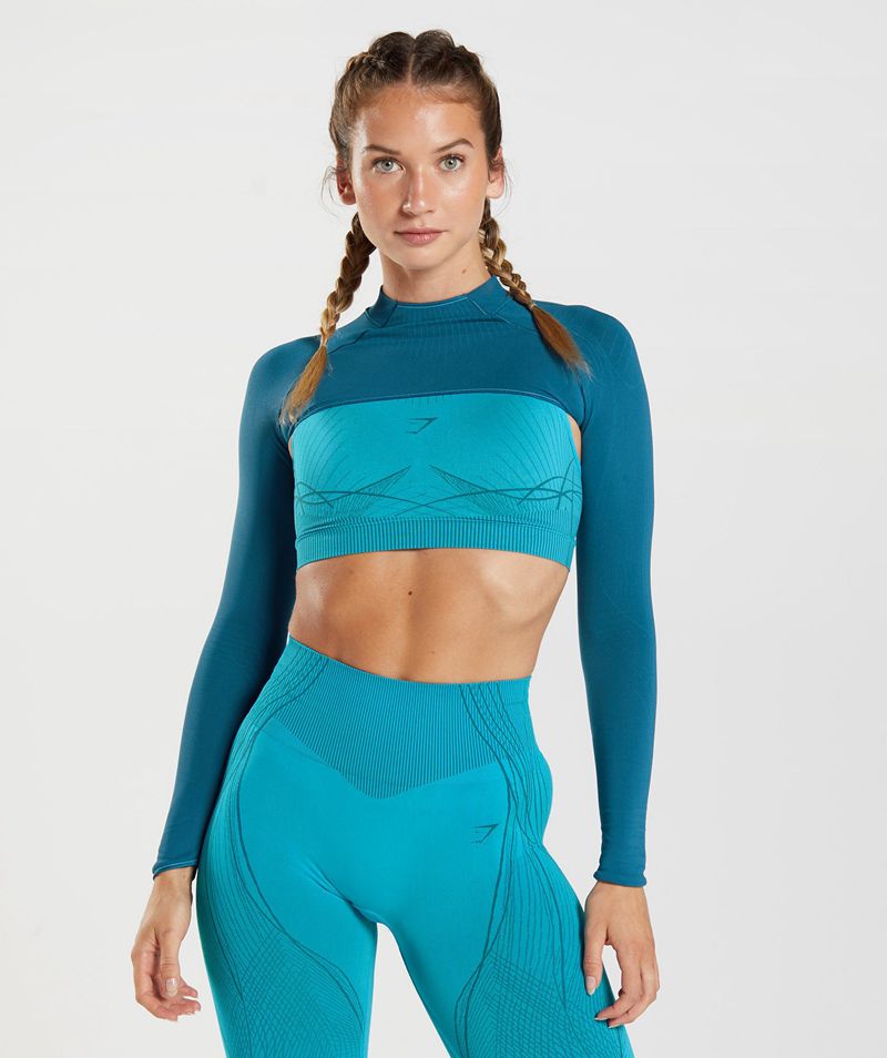 Women\'s Gymshark Apex Seamless Shrug Tops Blue | USA  1578-THBEC