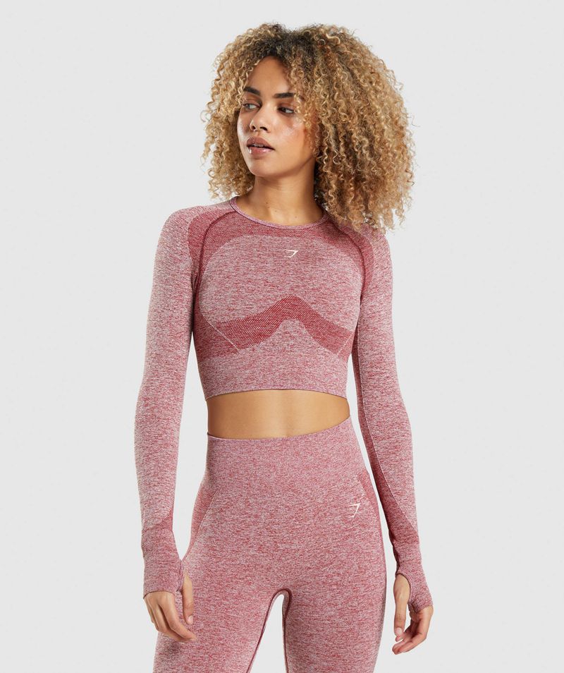 Women\'s Gymshark Flex Sports Long Sleeve Crop Tops Burgundy | USA  3718-XOCUJ