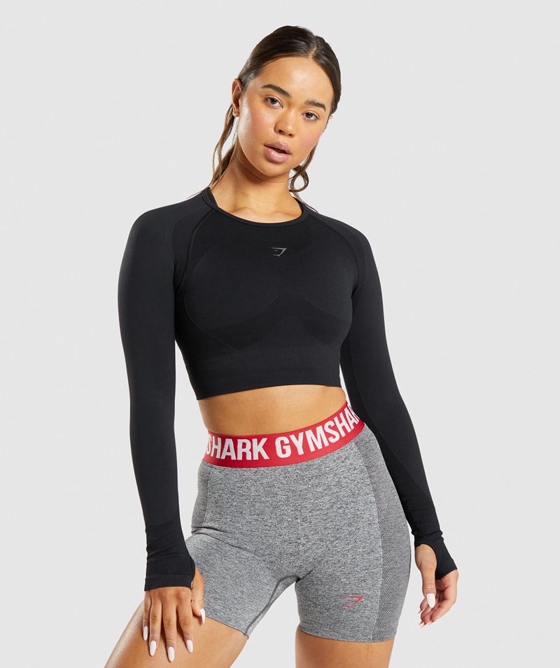 Women\'s Gymshark Flex Sports Long Sleeve Crop Tops Black | USA  7269-DHRSE