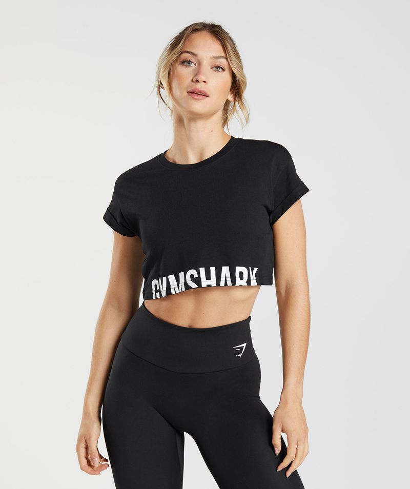 Women\'s Gymshark Fraction Crop Tops Black | USA  9610-QJCKS