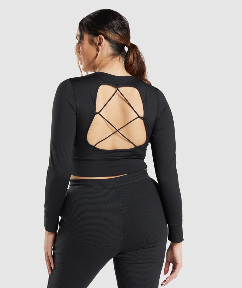 Women's Gymshark Pause Open Back Long Sleeve Crop Tops Black | USA  2318-WMXKQ