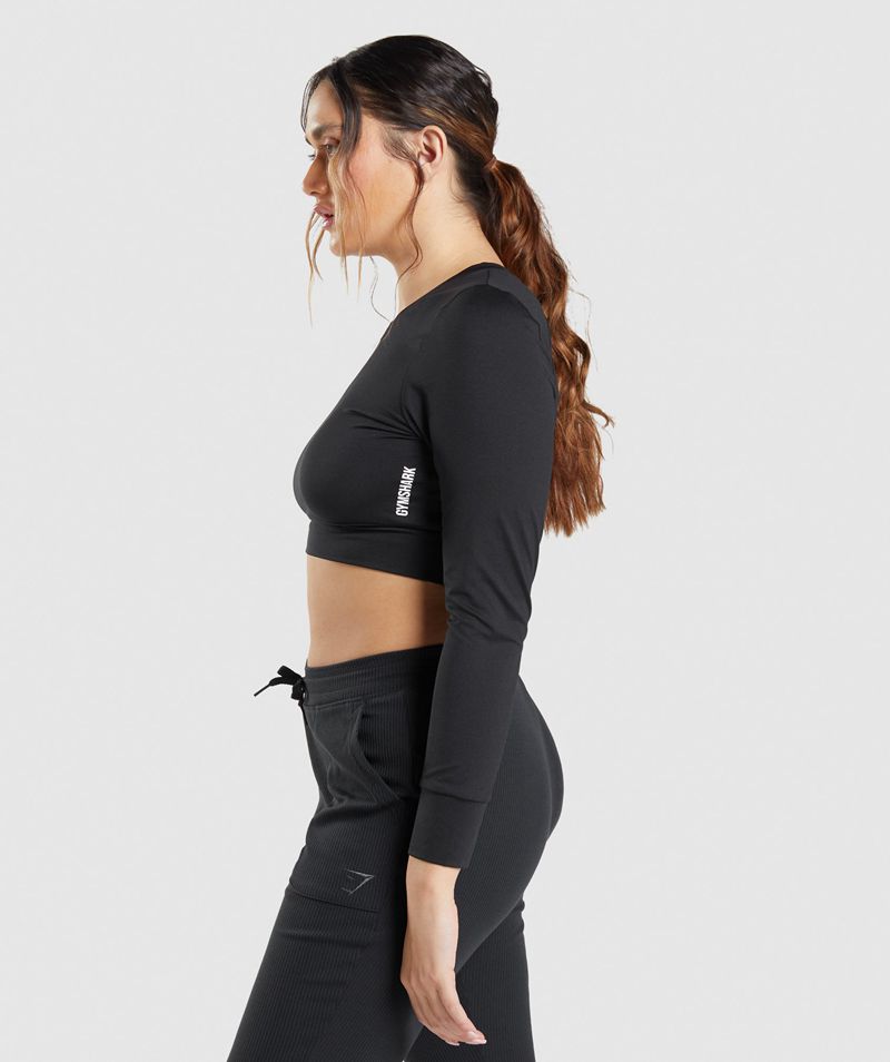 Women's Gymshark Pause Open Back Long Sleeve Crop Tops Black | USA  2318-WMXKQ