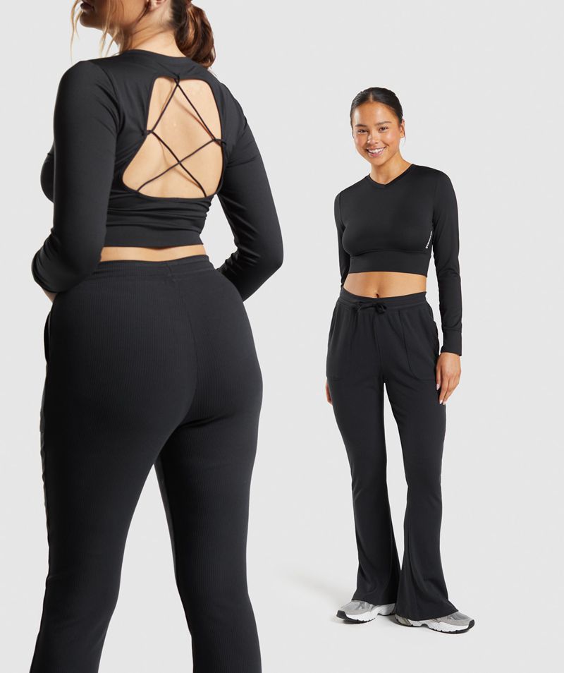 Women's Gymshark Pause Open Back Long Sleeve Crop Tops Black | USA  2318-WMXKQ