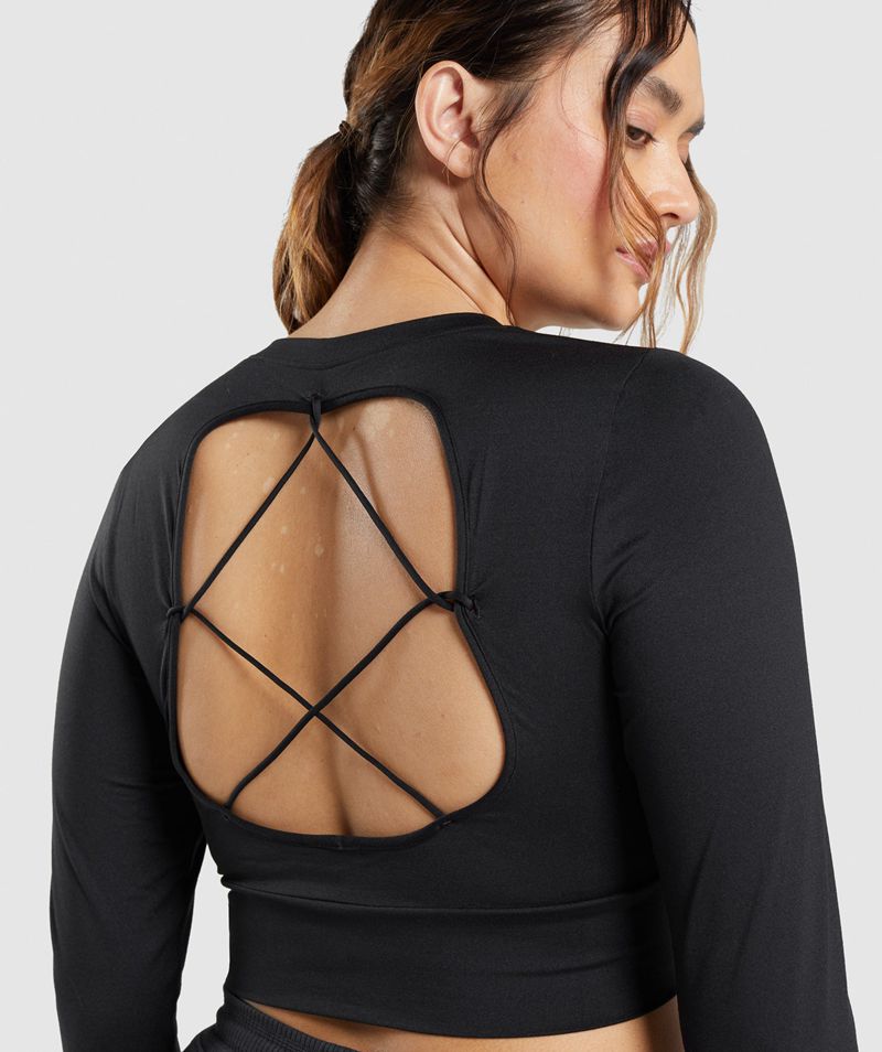 Women's Gymshark Pause Open Back Long Sleeve Crop Tops Black | USA  2318-WMXKQ