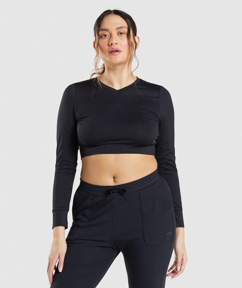 Women\'s Gymshark Pause Open Back Long Sleeve Crop Tops Black | USA  2318-WMXKQ