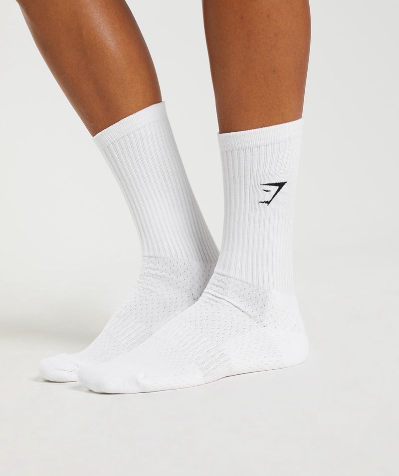 Women\'s Gymshark Premium Sharkhead Crew Single Socks White | USA  3986-KDIEQ