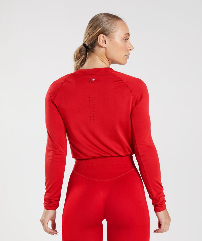 Women's Gymshark Sweat Seamless Long Sleeve Crop Tops Red | USA  0561-HWVGM