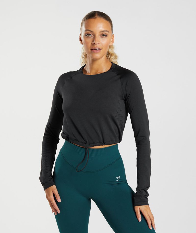 Women\'s Gymshark Sweat Seamless Long Sleeve Crop Tops Black | USA  2437-JGFZQ