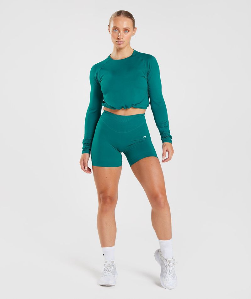 Women's Gymshark Sweat Seamless Long Sleeve Crop Tops Turquoise | USA  7489-IMZHV