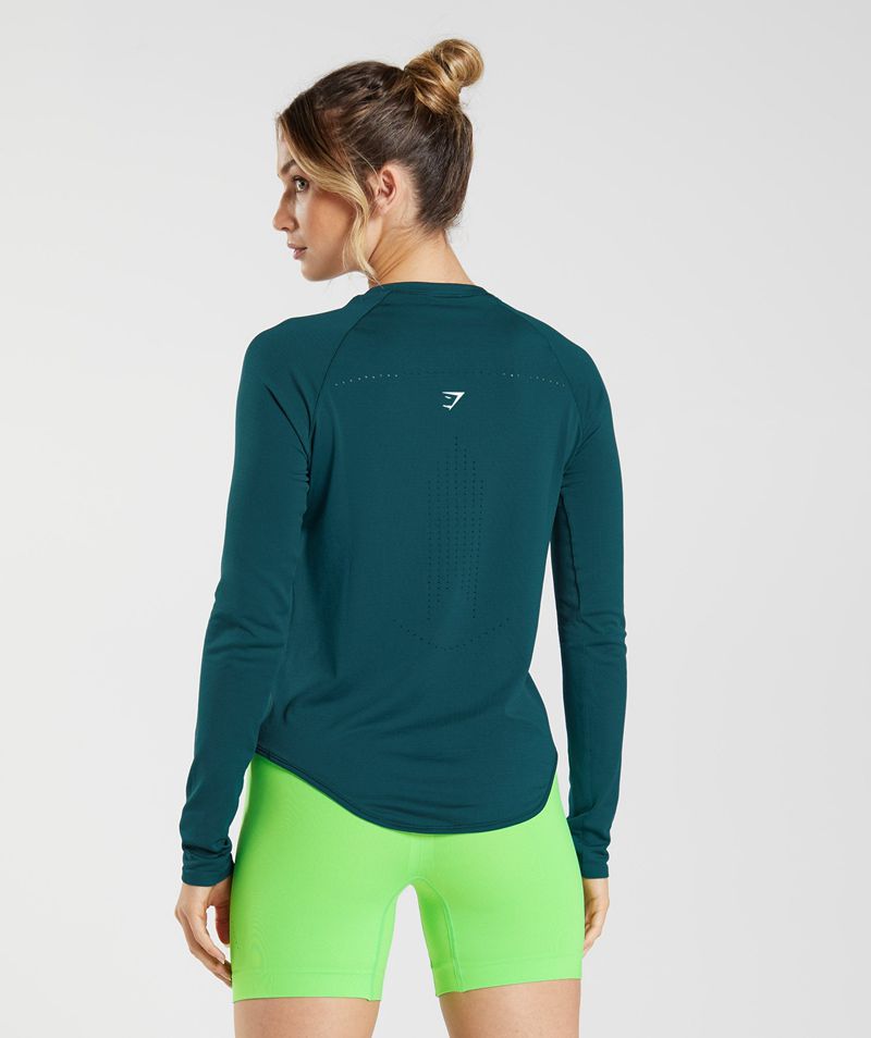 Women's Gymshark Sweat Seamless Long Sleeve Tops Turquoise | USA  9364-HTQKN