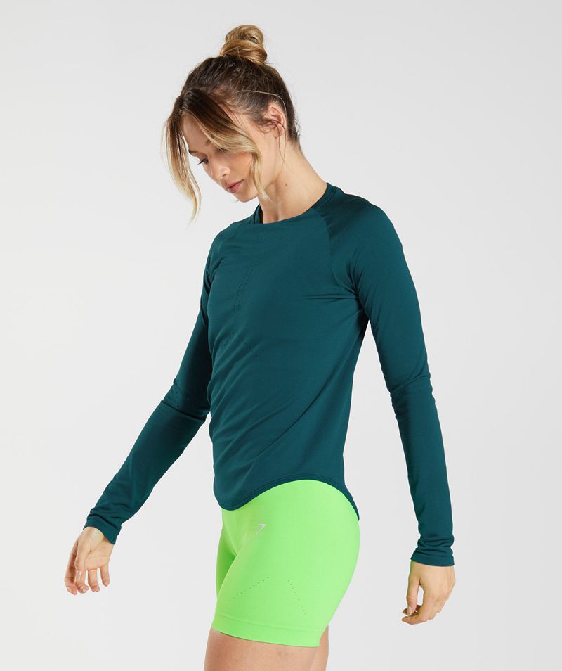 Women's Gymshark Sweat Seamless Long Sleeve Tops Turquoise | USA  9364-HTQKN