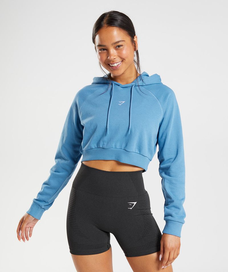 Women\'s Gymshark Training Cropped Hoodie Blue | USA  7413-XCLVZ