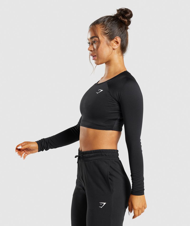 Women's Gymshark Training Long Sleeve Crop Tops Black | USA  5148-JMBOG