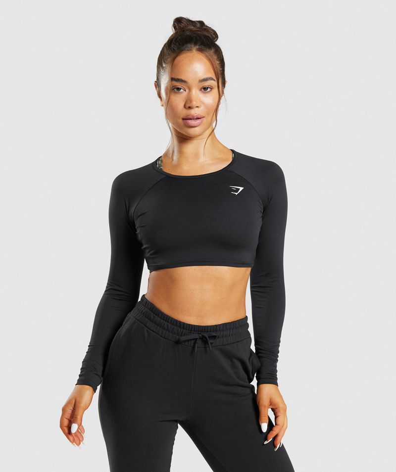 Women\'s Gymshark Training Long Sleeve Crop Tops Black | USA  5148-JMBOG