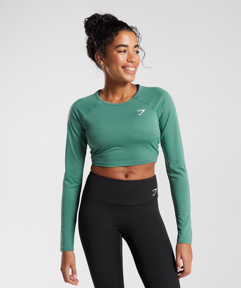 Women\'s Gymshark Training Long Sleeve Crop Tops Green | USA  9752-VTRKI