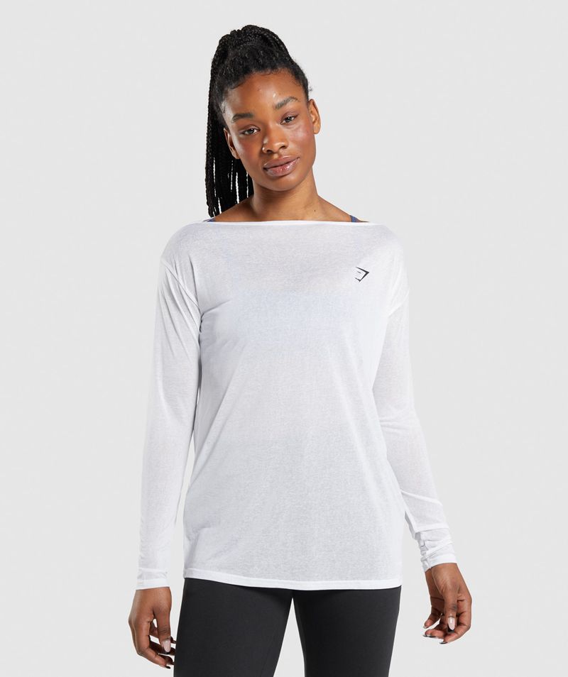 Women\'s Gymshark Training Oversized Long Sleeve Tops White | USA  2749-JBEIN